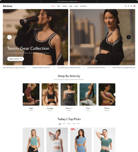 E-Commerce-Startseite für Sportbekleidung mit großem Banner »Tennis Gear Collection« showing zwei Frauen in Sport-BHs vor städtischer Kulisse; darunter Kacheln »Shop By Activity« mit Aktivitätsbildern und ein Abschnitt »Today's Top Picks« mit Produktthumbnails.