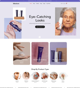 Webshop-Startseite für Hautpflege mit zentralem Slogan „Eye-Catching Looks“, Produktaufnahmen von Tuben und Tiegeln, Händen, die Creme auftragen, und dem Porträt einer älteren Frau, die ein Produkt hält; darunter sind Produktkacheln und Kategorien zu sehen.