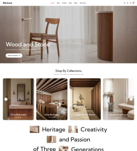 Startseite eines Möbeldesign-Shops: Hero-Bild mit einem schlichten Holzstuhl neben einem runden, gerillten Holzbeistelltisch vor hellen Vorhängen und Marmorfußboden, darüber die Überschrift „Wood and Stone“ und darunter vier Vorschaubilder mit warmen, naturholz-inspirierten Wohnraum-Kollektionen.