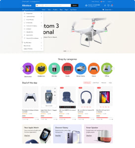 Produkt-Website-Startseite mit blauem Kopfbereich und Suchleiste, geöffnetem Dropdown-Navigationsmenü, großem Hero-Bild eines weißen Quadrocopters, darunter bunte runde Kategorienymbole und ein Raster mit Angebotsartikeln wie Controller, Smartwatch, Kopfhörer und Smartphones samt Preisen und Rabatten.