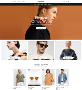Startseite eines Mode‑Onlineshops mit großem Hero‑Banner: Profilfoto einer Frau vor orangefarbenem Hintergrund und der Überschrift „Elegant Office Wear“, darunter drei Kacheln mit Modellfotos (Damen, Herren, Basics) und eine Produktgalerie mit Kleidungs‑ und Accessoire‑Thumbnails.