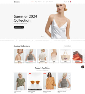 Startseite eines Mode‑Onlineshops: großes Banner „Summer 2024 Collection“ mit einem Modell in weißem satiniertem Slipkleid und Call‑to‑Action, darunter Vorschaubilder für Kollektionen sowie ein Produktraster mit Oberteilen, Sonnenbrillen, Taschen und Schuhen.