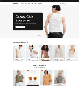 Startseite eines Mode-Onlineshops mit großem Hero-Bild einer Frau im weißen Top von hinten und dem Slogan „Casual Chic Everyday“ links, darunter Reihen mit Kollektionsthumbnails und Produktvorschlägen.