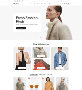 Startseite eines Online-Mode­shops mit großem Hero-Bild einer Frau im beigen Mantel rechts, Slogan „Fresh Fashion Finds“ links, Navigationsleiste oben, einer Vorschau von Kategorien (schwarzes Rückenausschnitttop, gefaltete Pullover, Herren-Jeansjacke) und einem Produktraster mit Neuankünften darunter.