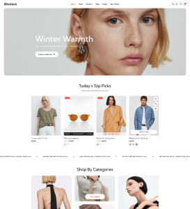 E-Commerce-Startseite mit großem Hero-Banner einer nahen Porträtaufnahme einer blonden Frau mit Ohrring und der Überschrift „Winter Warmth“, darunter eine Reihe von Produktkacheln (T‑Shirt, Sonnenbrille, Mantel, Jeansjacke) und ein Abschnitt „Shop By Categories“ mit weiteren Modefotos.