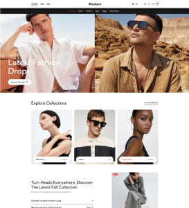 Startseite eines Mode-Onlineshops mit großem Hero-Bild zweier Models (links weißes Hemd, rechts beige Hemd und Sonnenbrille) und darunter einer Vorschau auf Kollektionen mit drei Produktfotos verschiedener Models.