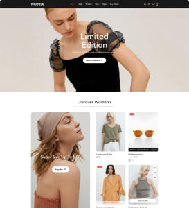 Startseite eines Mode‑Onlineshops mit großem Hero‑Bild einer Frau in schwarzem Kleid mit transparenten Puffärmeln und weißer „Limited Edition“-Schaltfläche, darunter ein Raster mit Produktfotos – links ein Porträt einer Frau mit Beanie und Stricktop, rechts mehrere Produktkarten (Sonnenbrille und Oberteile) sowie eine Navigationsleiste oben.