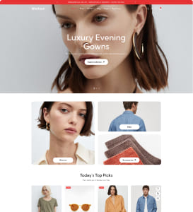 Website-Startseite eines Mode-Onlineshops mit großem Hero-Bild einer Frau mit Ohrringen und überlagertem Text "Luxury Evening Gowns" sowie Call-to-Action, darunter ein Raster mit Porträtaufnahmen, einer Rückenansicht eines Mannes, gefalteten Textilien und einer Sektion "Today's Top Picks" mit Produktminiaturen.