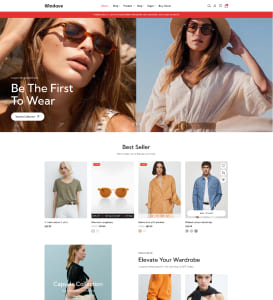 E-Commerce-Startseite mit zwei großen Hero-Fotos von Frauen in Sonnenbrillen und Strohhut, links der Slogan Be The First To Wear und darunter ein "Best Seller"-Bereich mit Produktkacheln für Kleidung und Accessoires.