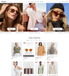 Startseiten-Screenshot eines Mode-Online-Shops mit drei großen Header-Fotos oben (Models in Sonnenbrillen und leichter Sommerkleidung) und darunter die Rubrik „Today's Top Picks“ mit einem Grid aus Produktbildern wie Tops, Kleidern, Sonnenbrillen und einer gestreiften Tasche.