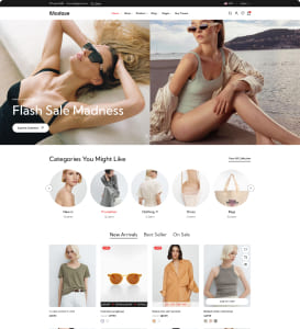 E-Commerce-Startseite mit großem zweigeteiltem Hero-Bild zweier Models in Bademode und der Überschrift „Flash Sale Madness“, darunter runde Kategorie-Thumbnails (Kleidung, Schuhe, Taschen), ein Produktraster mit Damenartikeln sowie Such- und Navigationsleiste oben.