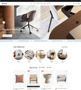 Screenshot einer modernen Möbel-Shop-Webseite mit großem Hero-Banner „Modern Work Desks“ mit Stuhl- und Schreibtischfotos, oberer Navigationsleiste, runden Kategorie-Icons unter „Top Collection“ und einem Produktraster mit Kissen, Stühlen und Beistelltischen inklusive Preisen und Labels wie „New arrival“ und „Best seller“.