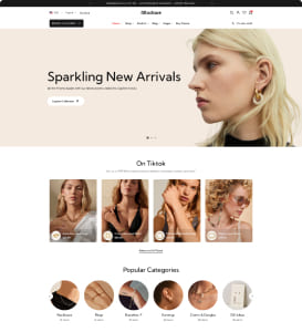 Landingpage einer Schmuck-Website mit großem Banner 'Sparkling New Arrivals' neben dem Profil einer blonden Frau mit goldenen Creolen; darunter vier Produktkarten unter 'On TikTok' und runde Icons für beliebte Kategorien wie Halsketten, Ringe, Armbänder und Ohrringe.