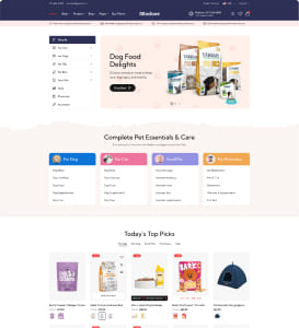 Screenshot einer Haustier-Shop-Webseite mit Navigationsleiste oben, linker Kategoriespalte, großem Banner mit Hundefutterpackungen, darunter farbige Kacheln für Pflege, Leckerlis und Zubehör sowie ein Produktraster mit aktuellen Top-Auswahlen.