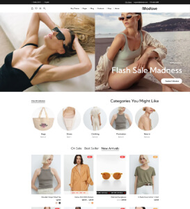 Online-Shop-Startseite mit zwei großen Hero-Bildern von Frauen in Bademode und Sonnenbrillen und dem Schriftzug Flash Sale Madness, darunter runde Kategorie-Icons (Taschen, Accessoires, Kleidung, Sportbekleidung, Bademode) sowie Produktkacheln mit Artikelfotos und Preisen.