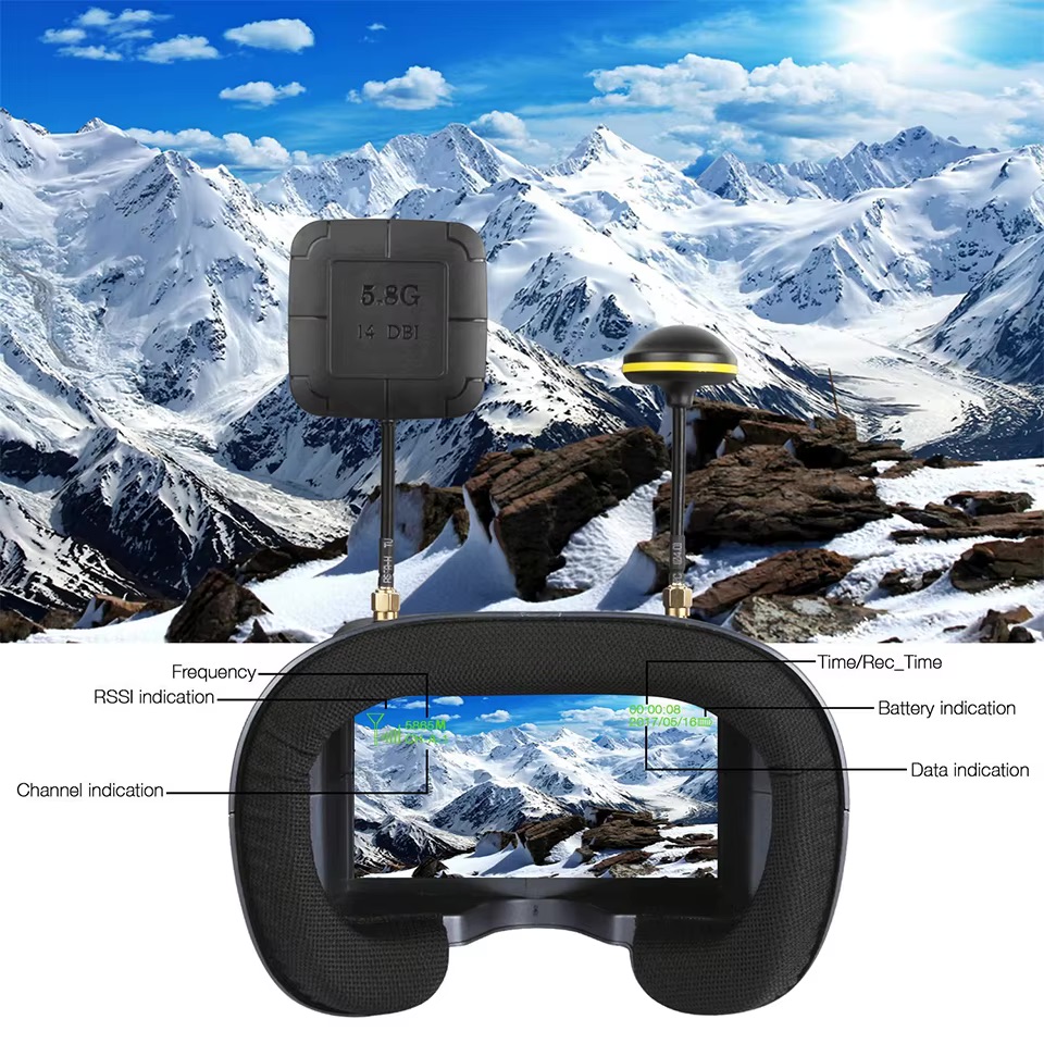 Schwarze FPV-Drohnen‑Brille mit gepolstertem Gesichtsausschnitt und zwei sichtbaren Antennen – eine quadratische mit Aufdruck „5.8G 14DBI“ und eine runde mit gelbem Ring – deren integriertes Display eine verschneite Berglandschaft zeigt; am Rand sind Einblendungen wie Frequency, RSSI, Channel, Battery und Time markiert.