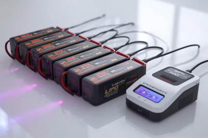Mehrere LiPo-Modelbau-Akkupacks in Reihe, jeweils mit Anschlusskabeln an ein kompaktes Ladegerät mit digitaler Anzeige, auf glänzend weißer Oberfläche mit dezentem violettem LED-Lichtreflex.