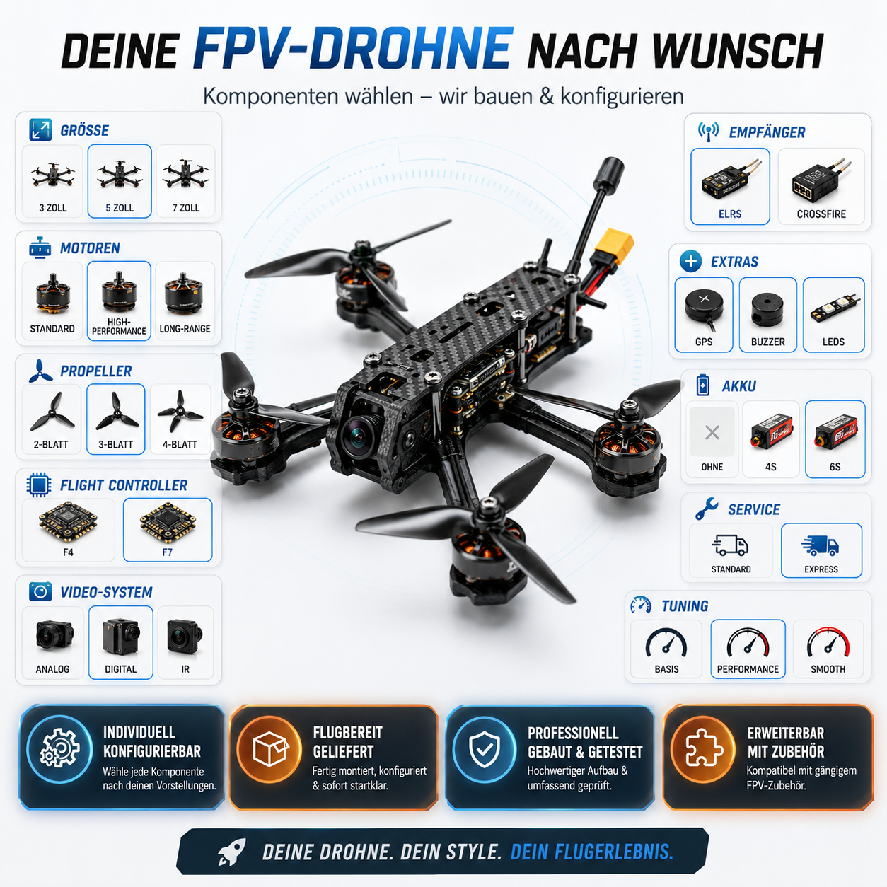 Infografik einer individuell konfigurierbaren FPV-Drohne mit Auswahloptionen für Größe, Motoren, Propeller und Zubehör