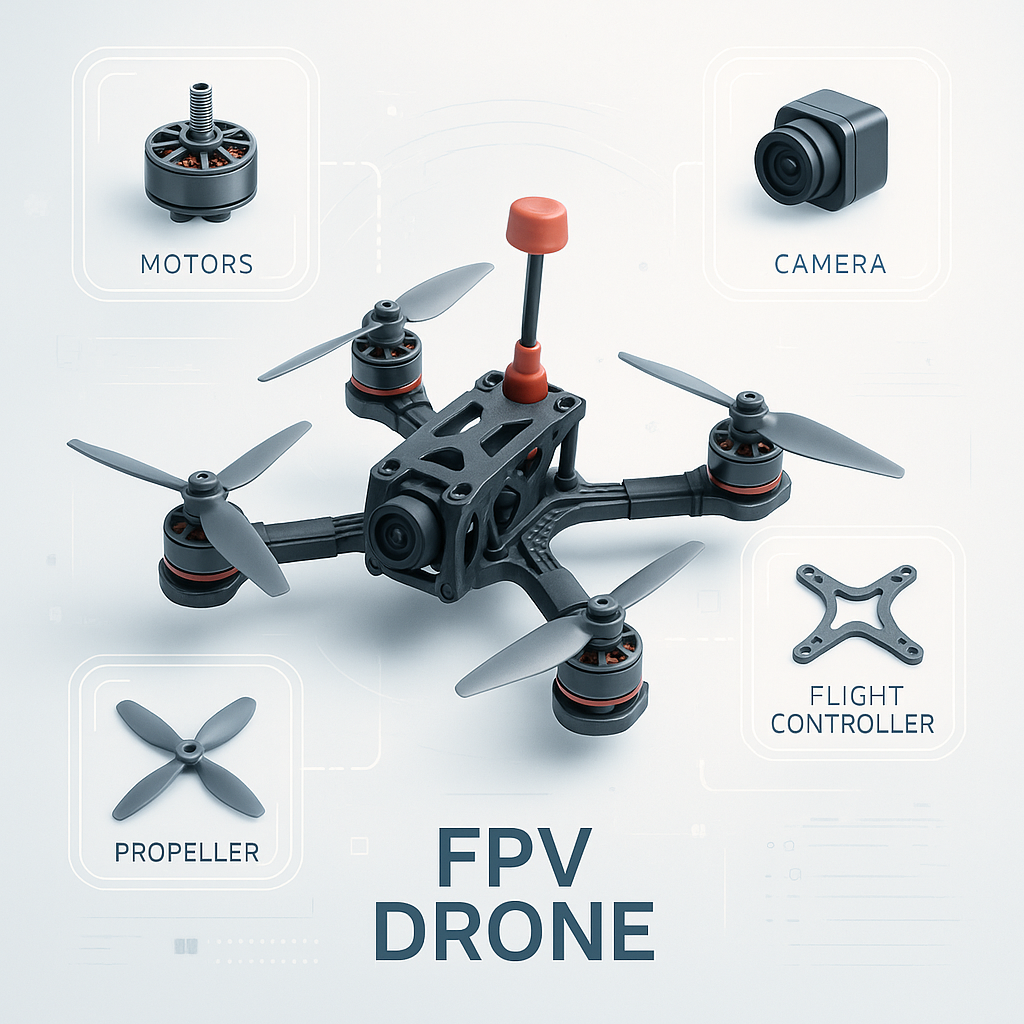 FPV‑Rennquad mit kompakter offenem Kohlefaser‑Rahmen, Frontkamera, orangefarbener Antenne und vier Propellern auf Brushless‑Motoren, umgeben von beschrifteten Icons für Motoren, Kamera, Propeller und Flight Controller auf hellem Hintergrund.