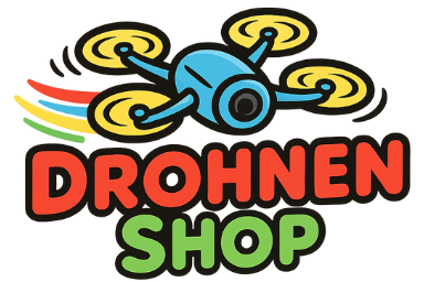 Logo des Drohnen Shops mit einer cartoonartigen blauen Drohne, vier Propellern mit gelben Rotoren, einem bunten Hintergrundlein, und dem Schriftzug DROHNEN SHOP in roter Schrift über grüner Schrift.