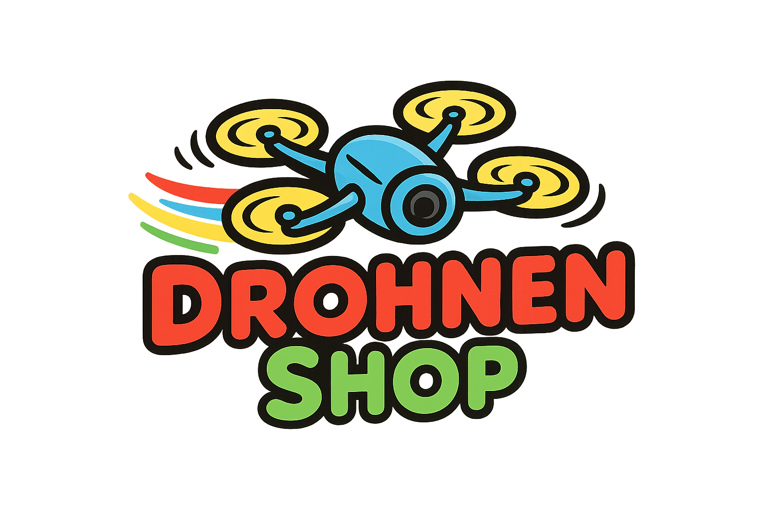 Grafisches Logo mit einem blauen Drohnen-Quadrocopter, gelben Propellern und bunten Bewegungsstreifen, darunter der Schriftzug DROHNEN SHOP in roter und grüner Schrift.