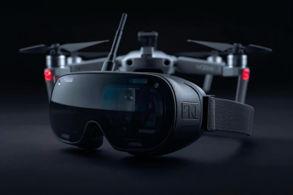 Schwarze FPV-Brille mit reflektierendem Visier, Antenne und elastischem Kopfband im Vordergrund, dahinter unscharf eine Drohne mit ausgeklappten Propellern und roten Positionslichtern vor dunklem Hintergrund.