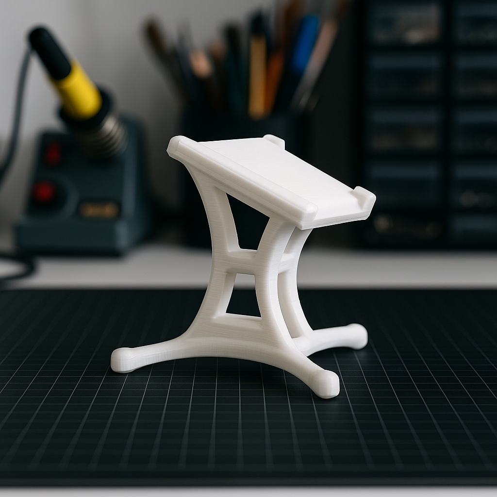 FPV Drohnen Tischständer 1 Weißer 3D-gedruckter Tischständer für FPV‑Drohnen mit geschwungenem, X‑förmigem Gestell auf einer schwarzen Schneidematte vor unscharfem Werkbankhintergrund mit Werkzeugen.