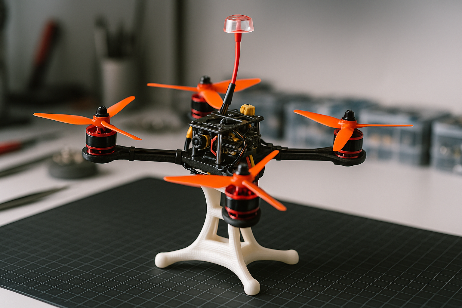 FPV-Quadcopter mit schwarzem Carbonrahmen, vier leuchtend orangefarbenen Propellern und sichtbarer Antenne mit rotem Kabel, auf einem weißen 3D-gedruckten Tischständer stehend und auf einer schwarzen Schneidematte in einer Werkstatt platziert.