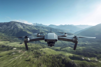 Frontale Aufnahme einer Quadrocopter-Drohne mit sichtbarer Kamera und rotierenden Propellern, die in niedriger Höhe über unscharfem Grünland vor einem weiten Gebirgspanorama unter klarem Himmel fliegt.