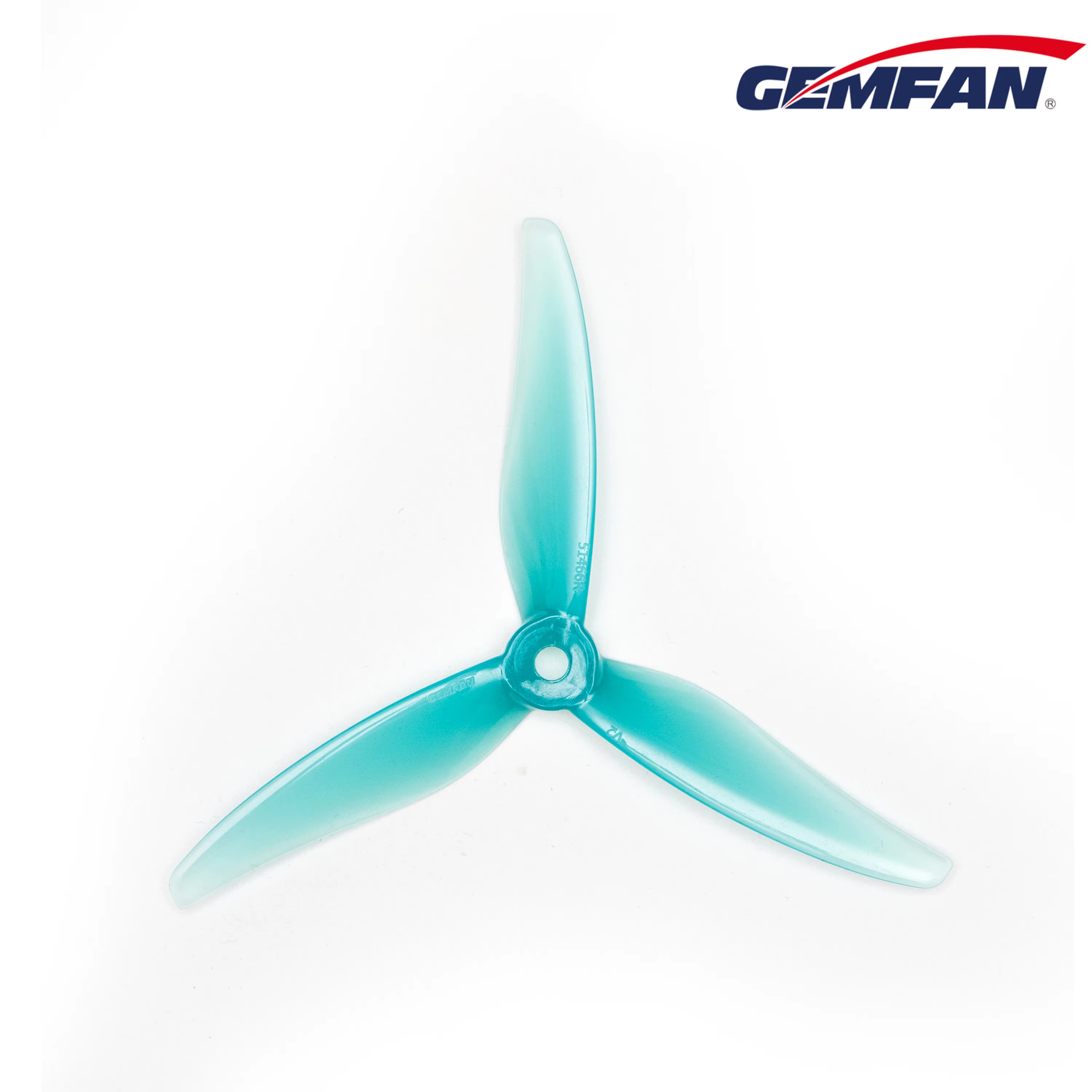 Dreiblättriger transparenter türkisfarbener 5-Zoll-FPV-Propeller mit mittiger Befestigungsbohrung auf weißem Hintergrund, Markenlogo GEMFAN oben rechts.