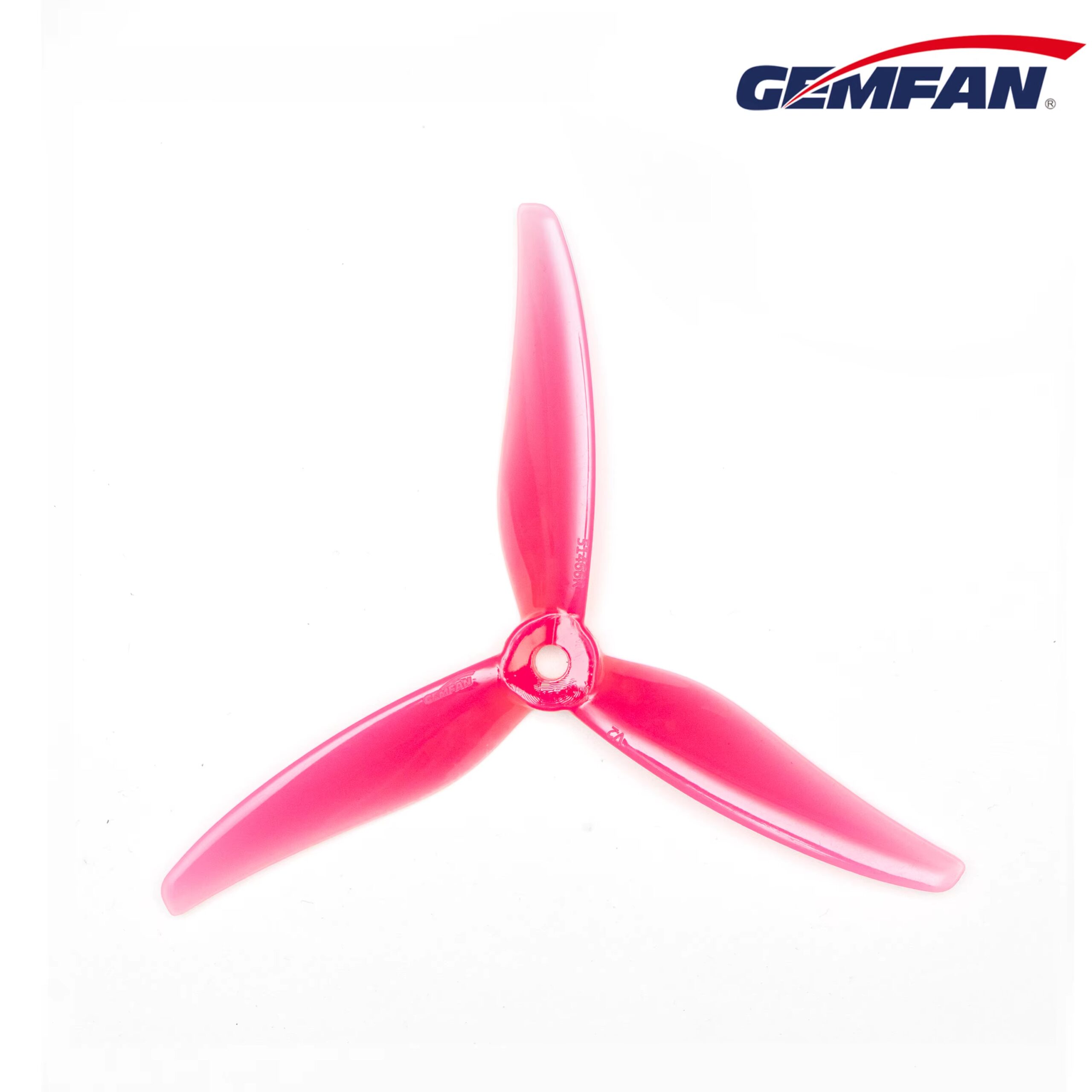 FPV-Propeller Pink Dreiblättriger transparenter pinker 5‑Zoll FPV‑Drohnenpropeller mit mittiger Montagebohrung und glänzender Kunststoffoberfläche auf weißem Hintergrund (Gemfan).