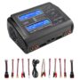 Schwarzes Dual-Ladegerät/Entladegerät für LiPo-Akkus mit zwei blau beleuchteten Displays, Bedientasten, Lüfter und mehreren Anschlussbuchsen, darunter verschiedene Anschlusskabel und Adapter (XT60, Bananenstecker, Alligatorklemmen und Balance-Stecker).