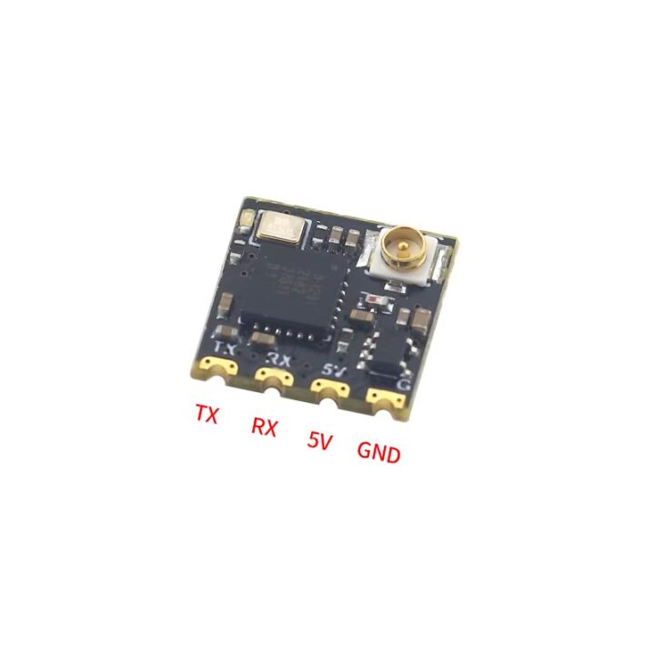 S3c73c776ea65468195c9cc8aaa790efex Kleines rechteckiges schwarzes Leiterplattenmodul mit SMD-Bauteilen, U.FL-Antennenstecker oben rechts und vier goldenen Kontaktpads unten, beschriftet TX, RX, 5V und GND.