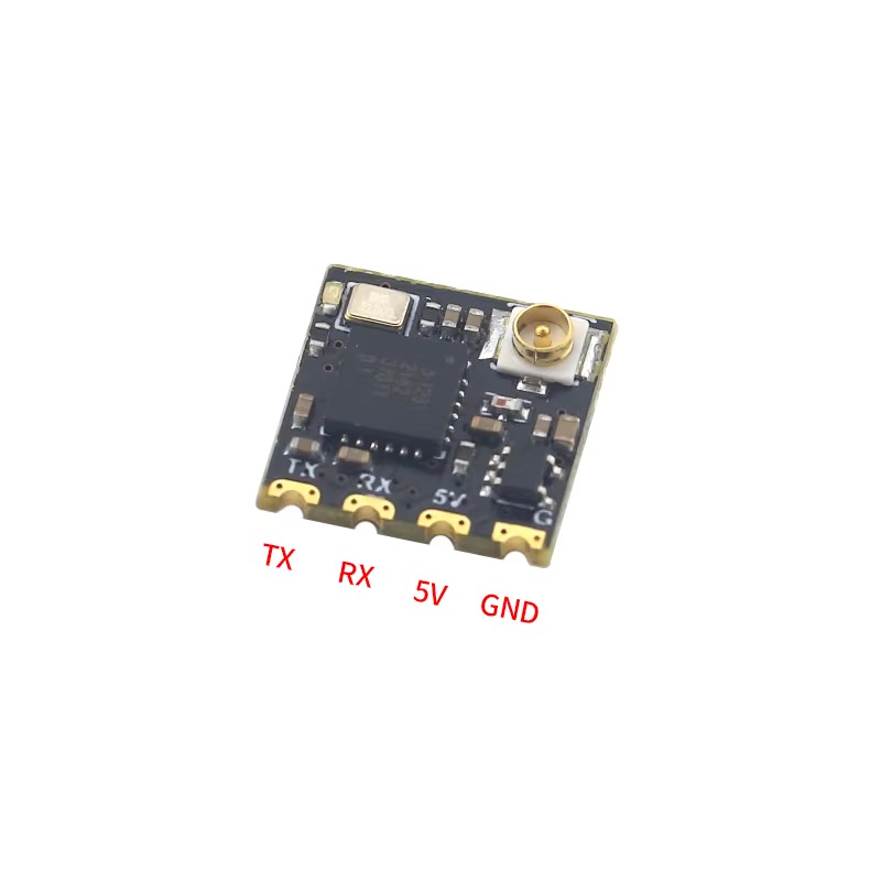 Kleines rechteckiges schwarzes Leiterplattenmodul mit SMD-Bauteilen, U.FL-Antennenstecker oben rechts und vier goldenen Kontaktpads unten, beschriftet TX, RX, 5V und GND.