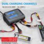 Doppelladegerät mit zwei blauen LCD-Anzeigen auf Marmorfläche, an dem mehrere rote und schwarze Kabel sowie Balance- und XT60-Stecker zu zwei LiPo-Akkus führen; Aufdruck "DUAL CHARGING CHANNELS", Leistungsangaben (AC CH1+CH2=150W, DC 120W*2) und ein Einfügehinweis für die Balance-Schnittstelle sind sichtbar.