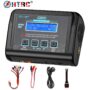 Schwarzes HTRC CI50 Balance-Ladegerät/Entladegerät (150W, 10A) mit blau beleuchtetem Display „LiPo Balance CHG 10.0A AUTO“, vier quadratischen Bedienknöpfen, Warnhinweis, Anschlussbuchsen unten, seitlichem Lüfter und mehreren beiliegenden Anschlusskabeln sowie Netzkabel.