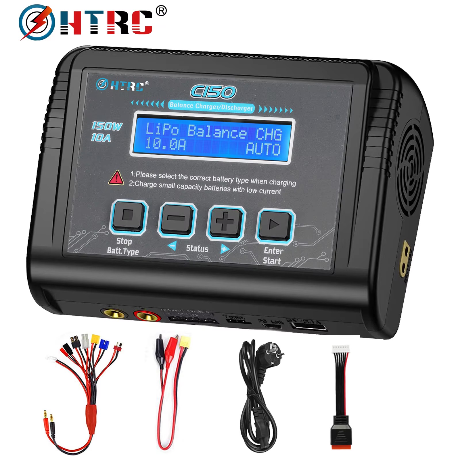 Schwarzes HTRC CI50 Balance-Ladegerät/Entladegerät (150W, 10A) mit blau beleuchtetem Display „LiPo Balance CHG 10.0A AUTO“, vier quadratischen Bedienknöpfen, Warnhinweis, Anschlussbuchsen unten, seitlichem Lüfter und mehreren beiliegenden Anschlusskabeln sowie Netzkabel.