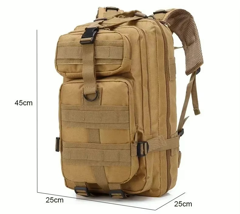 S789c7308798745be820589a9fc5f1296g Beiger taktischer Rucksack mit mehreren Reißverschlussfächern, MOLLE-Gurtbändern, Steck-schnallen und gepolstertem Netz-Schulterriemen; im Bild sind die Maße 45 cm Höhe und 25×25 cm Grundfläche angegeben.