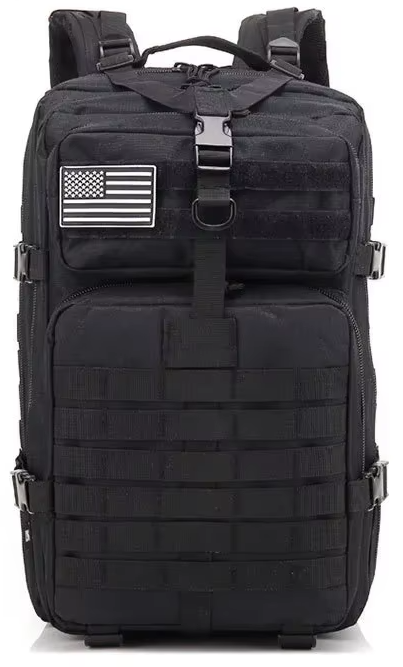 Screenshot 2025-10-23 at 11.50.27 Schwarzer taktischer Rucksack mit MOLLE-Gurtung, aufgesetzter US-Flaggen-Patch, mehreren Reißverschlussfächern, Frontschnalle, Tragegriff und gepolsterten Schultergurten.
