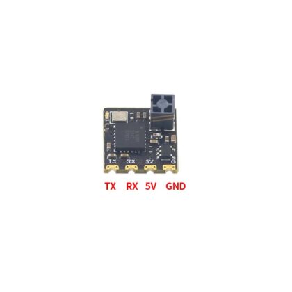Kleines schwarzes Elektronikmodul mit SMD-Bauteilen, einem grauen Steckverbinder oben rechts und vier goldfarbenen Lötpads unten, beschriftet TX, RX, 5V und GND.