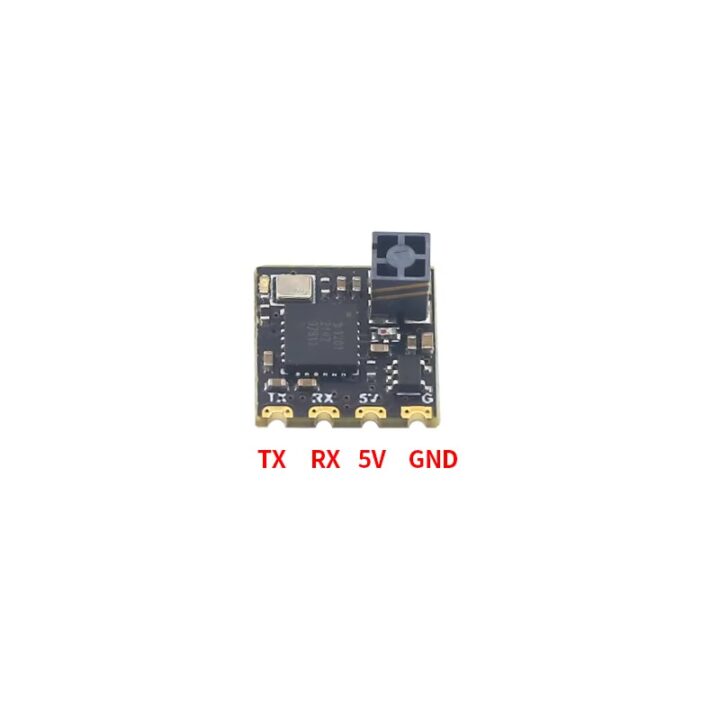Sfe1370ddebc4496893791522d0798fbfP Kleines schwarzes Elektronikmodul mit SMD-Bauteilen, einem grauen Steckverbinder oben rechts und vier goldfarbenen Lötpads unten, beschriftet TX, RX, 5V und GND.