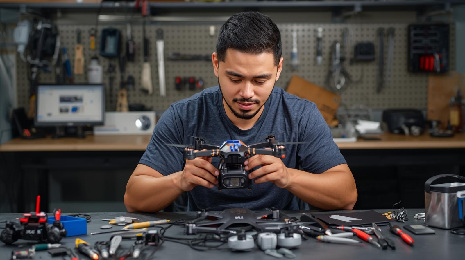 Mann an einer Werkbank konzentriert, wie er eine Drohne mit Kamera-Gimbal in den Händen justiert; auf dem Tisch liegen verstreut Werkzeuge, Drohnenbauteile und ein Controller, im Hintergrund eine Werkzeugwand und ein Computerbildschirm.