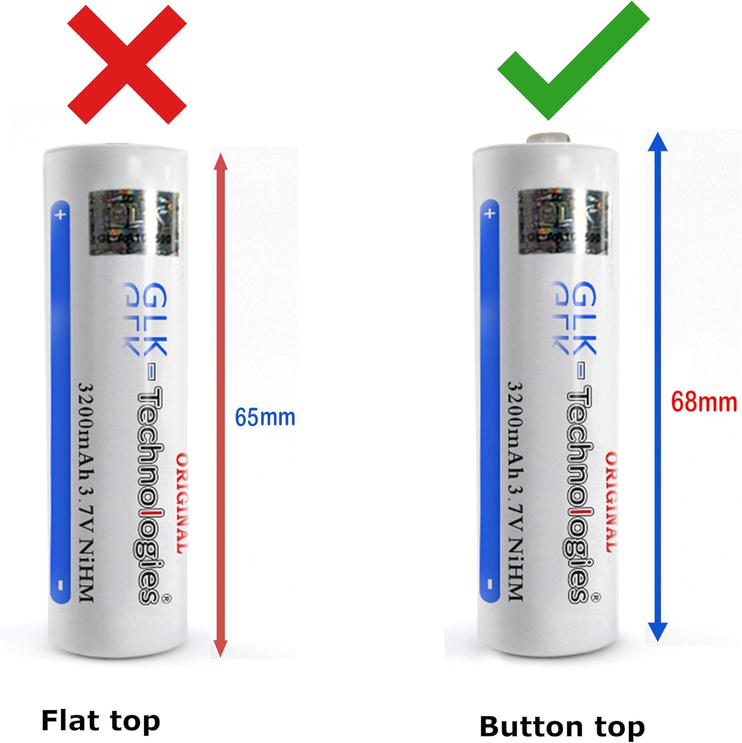 akku-fuer-fpv-controller-radiomaster-pocket Vergleichsbild zweier weißer 18650-Akkuzellen mit Aufdruck 3200 mAh 3,7 V NiMH — links flacher Pluspol mit rotem X und 65 mm Höhe, rechts Button-Pluspol mit grünem Häkchen und 68 mm Höhe.