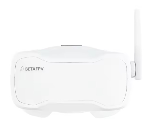 Screenshot Weiße FPV-Videobrille mit aufrechter rechter Antenne und BETAFPV-Logo auf der Vorderseite, vor weißem Hintergrund.