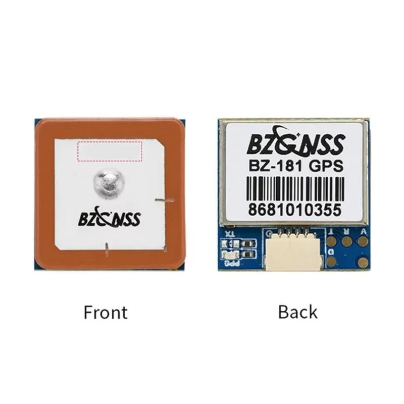 Doppelte Ansicht eines Drohnen‑GPS‑Moduls: vorne quadratische Patch‑Antenne mit orangefarbenem Rand, weißer Mitte, zentraler Lötstelle und Markenlogo, hinten Leiterplatte mit Aufkleber "BZ-181 GPS", Barcode und mehrpoligem Steckverbinder.