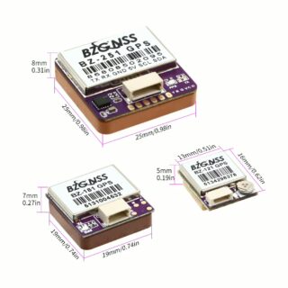 Drei kompakte GPS‑Module auf violetten Platinen mit weißen Steckverbindern und metallischen Abschirmgehäusen, beschriftet BZ‑251, BZ‑181 und BZ‑121 mit aufgedruckten Strichcodes sowie eingezeichneten Maßangaben (z. B. 25×25×8 mm, 19×19×7 mm, 16×13×5 mm).