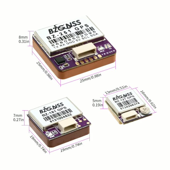Drei kompakte GPS‑Module auf violetten Platinen mit weißen Steckverbindern und metallischen Abschirmgehäusen, beschriftet BZ‑251, BZ‑181 und BZ‑121 mit aufgedruckten Strichcodes sowie eingezeichneten Maßangaben (z. B. 25×25×8 mm, 19×19×7 mm, 16×13×5 mm).