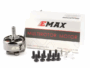 Kompakter silberner EMAX-Bürstenlosmotor für FPV-Drohnen mit hervorstehender Gewindestange, davor die weiße Produktbox mit rotem Schriftzug 'MULTIROTOR MOTOR' und mehrere schwarze sowie silberne Befestigungsschrauben.