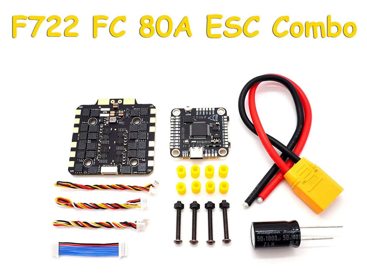 Satz von FPV‑Drohnen‑Elektronik: links eine große schwarze 4‑in‑1 80A ESC‑Platine, daneben ein kleiner schwarzer F722‑Flightcontroller mit USB‑C, dazu ein rotschwarzes XT60‑Stromkabel, ein großer Elektrolytkondensator, vier Montageschrauben, mehrere gelbe Gummipuffer sowie verschiedene Servo‑Signal‑Kabel und ein Flachbandkabel.