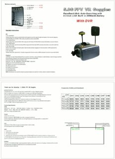 Produktblatt einer 5,8 GHz FPV‑VR‑Brille: kompakte graue Goggles mit Kopfband und zwei externen Antennen, großem „With DVR“-Schriftzug sowie daneben Bedienungsanleitung und Frequenztabelle für RaceBand‑Kanäle.